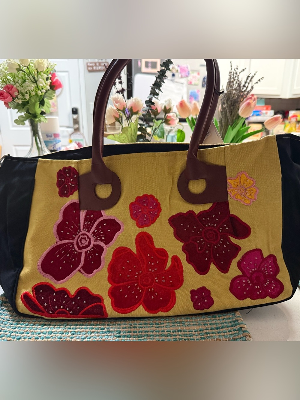 Canvas Floral Tote Bag with Brown Handles - Yellow/Red Floral